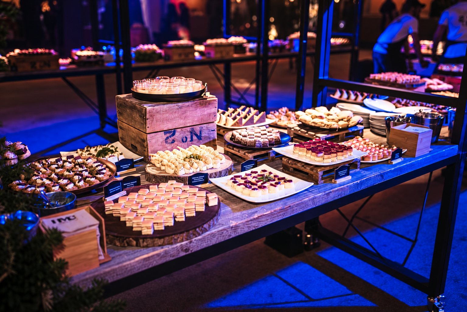 Un buffet de réception éclairé en violet et bleu présente de nombreux petits fours et mignardises sur des plateaux, des planches et des caisses en bois.