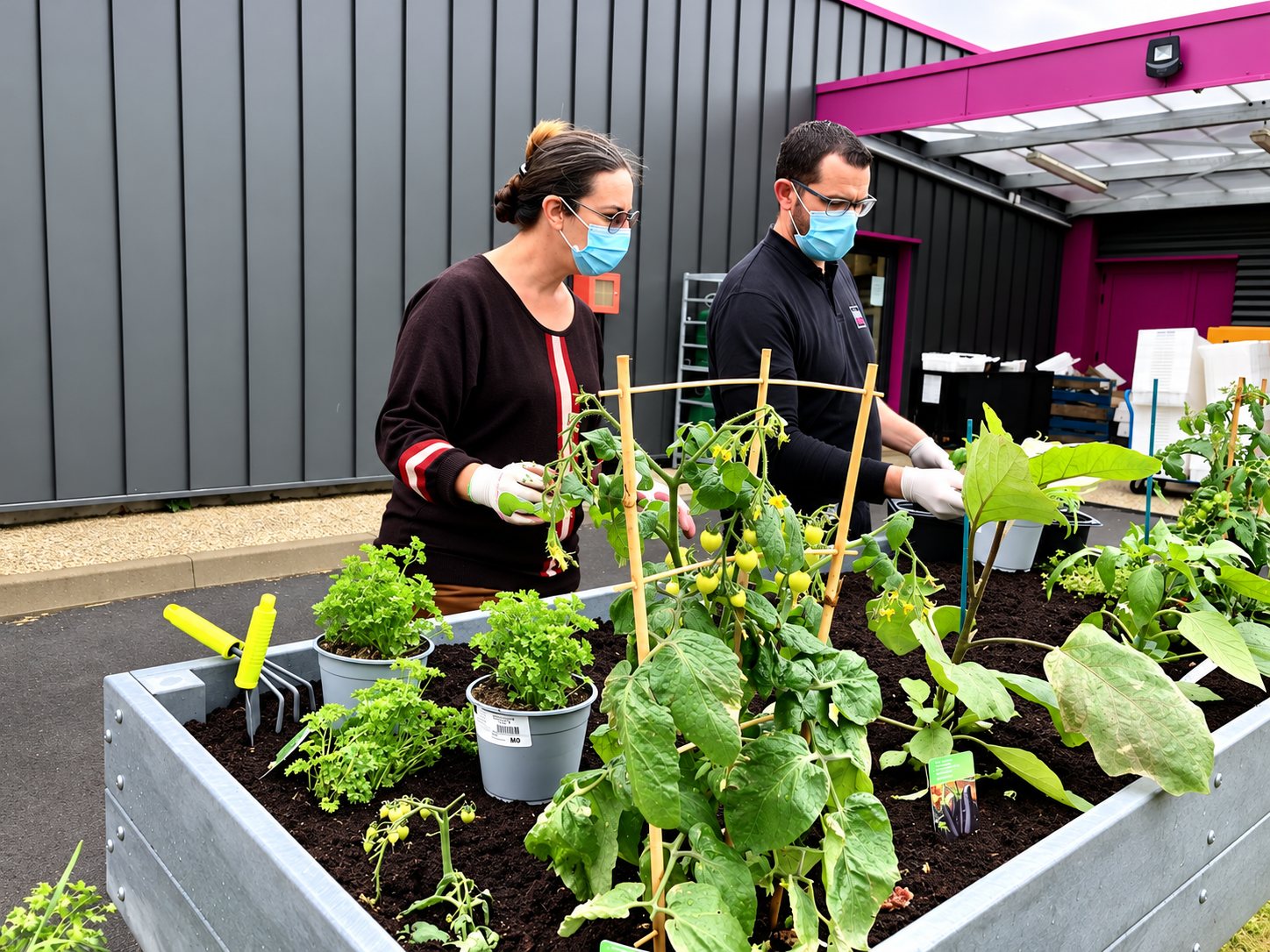 Un homme et une femme portant des masques et des gants plantent des tomates, des aubergines et des herbes aromatiques dans un bac potager surélevé devant un bâtiment gris et rose.