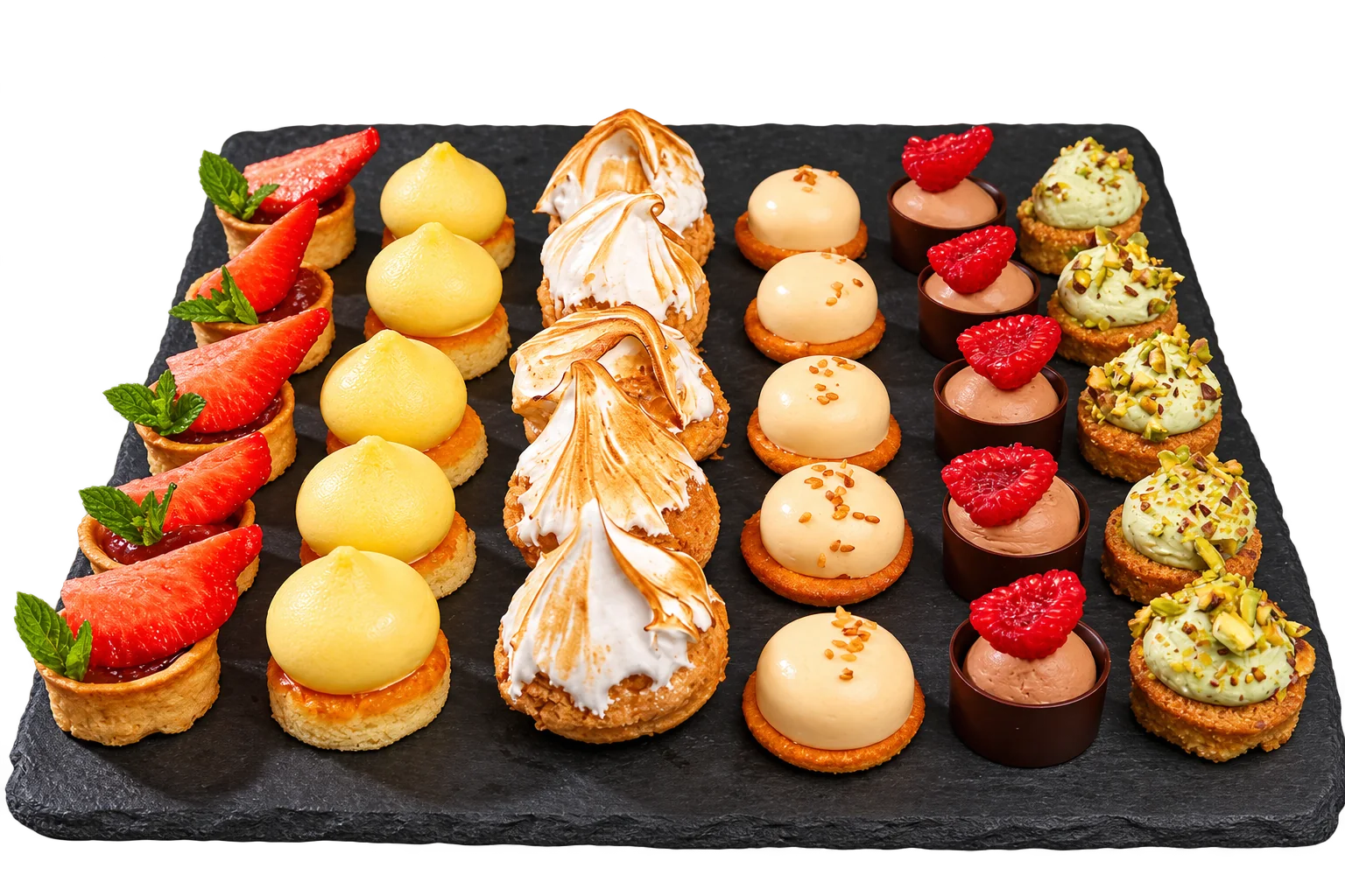 Un plateau d'ardoise présente des petites pâtisseries alignées en colonnes : tartelettes aux fraises, choux meringués, mousses à la framboise et tartelettes à la pistache.