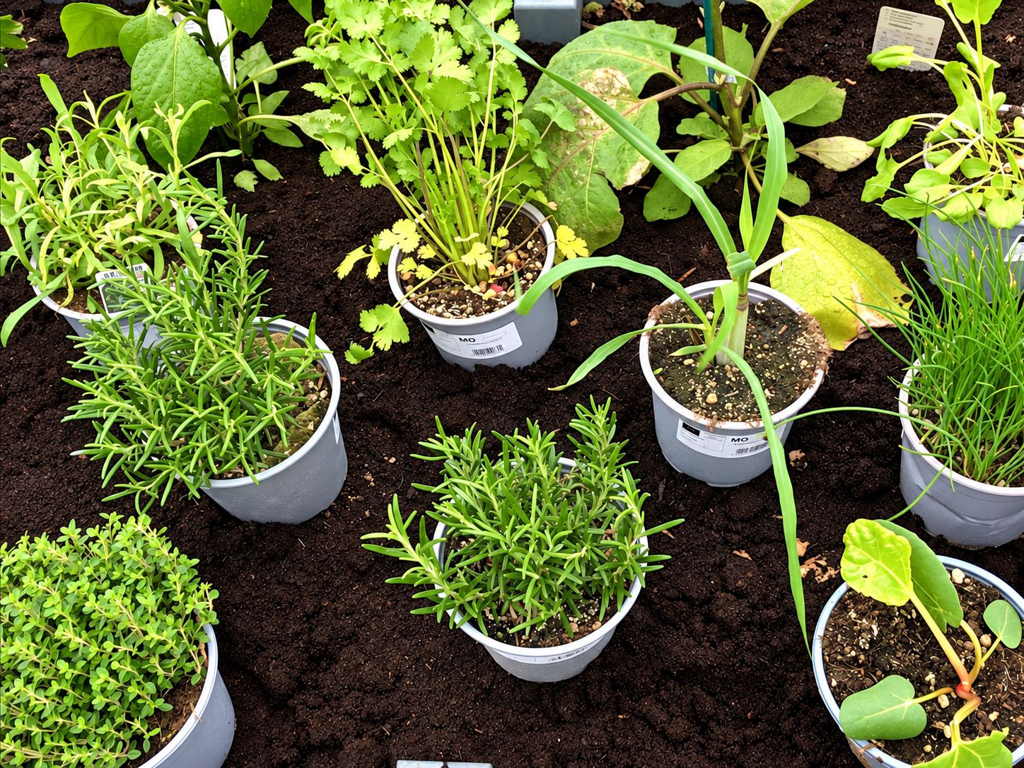 Plusieurs pots gris de plantes aromatiques, dont romarin, coriandre, thym et ciboulette, posés sur du terreau noir.